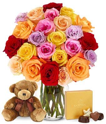 One Dozen Rainbow Roses With Chocolates & Bear - Fresh Flower Bouquet With Glass Vase