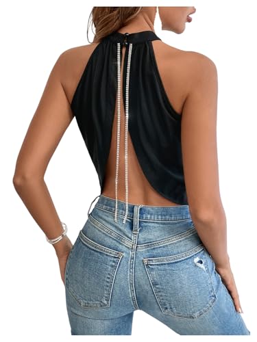 GORGLITTER Women's Rhinestone Open Back Halter Tops...