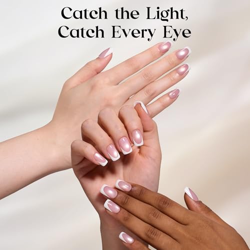 Image of Beetles Short French Tip Press On Nails, 160PCS Cat Eye Pink Squoval