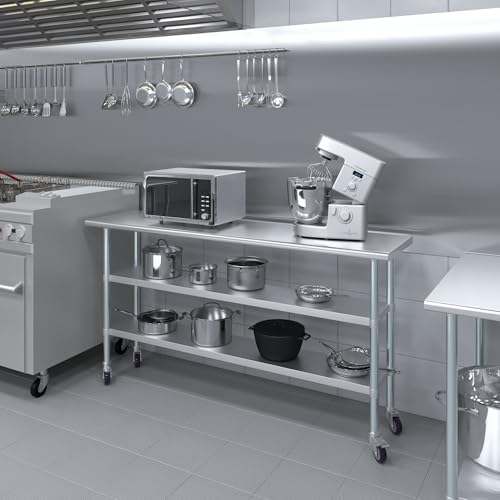 Image of AmGood Stainless Steel Work Table with 2 Shelves and Casters | Metal Utility Table On Wheels (Stainless Steel Work Table with 2 Shelves + Casters, 72 inch Long x 18 inch Deep)
