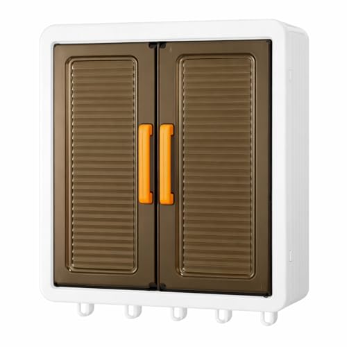 Image of Wall Mounted Self Adhesive Kitchen Storage Cabinet with Magnetic Closure Doors & Hooks | 3 Shelf Plastic Organizer Rack | Multipurpose Spice Rack for Kitchen & Bathroom | White with Brown Doors
