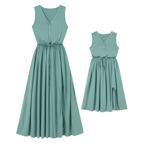 AWIBMK Mommy and Me Matching Dresses V Neck Split Tie Front Ruffle Dress Adjustable Drawstring Mom Daughter Outfits