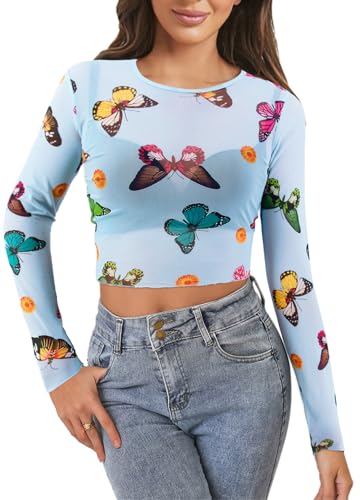 Elenint Damen Stylish Schmetterling Print Tops Sexy Mesh Langarm Crop Tops Oberteile Fishnet T-Shirt Bluse Tunika fur Party,Blau mit Farbigem Schmetterlingsdruck/S