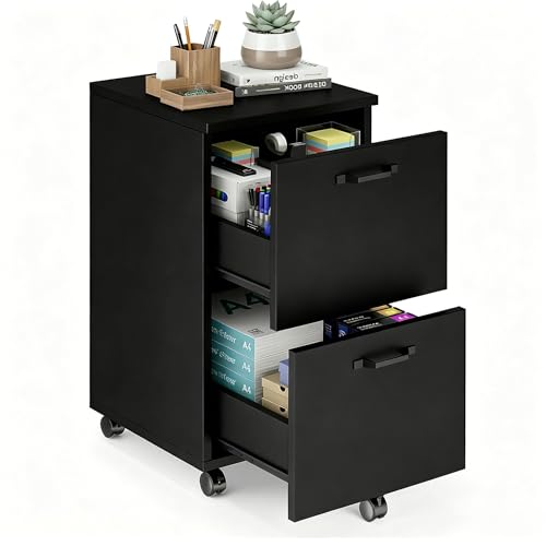 Image of 2 Drawer Filing Cabinet, Wood Rolling Filing Cabinets with Printer Stand, Under Desk Storage Lockable Wheels, Home Office Organizer for A4 Letter Legal Size Documents,Black