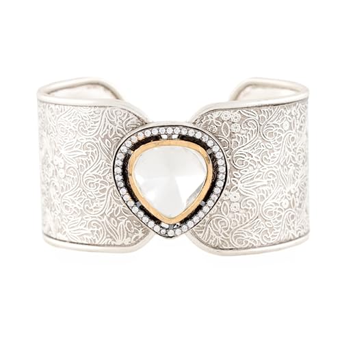 Oxidized Silver Cuff Bracelet with Kundan Crystal – Wide Statemen...