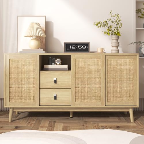 Merax Rattan Sideboard Kommode mit 3 Rattan Schiebetüren und 2 Schubladen, Sideboard Holz...