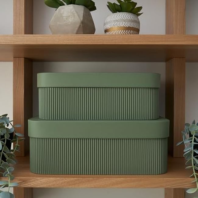 Decorative Storage Boxes with Lids ¨C Set of 2 Beautiful Fluted Cardboard Organizer Bins for Your Home Bookshelf Decor to Safely Store Your Documents, Memory Box Items and Other Keepsakes in Style