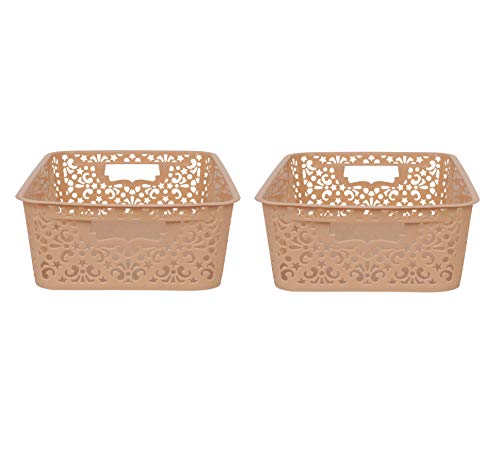 Image of Cutting Edge Essentials Plastic Storage Baskets /Shelf /Turkish Rack without Lid - Set of 2 for Fruit Vegetable Bathroom Stationary Home Basket with Handle (Beige, Medium)