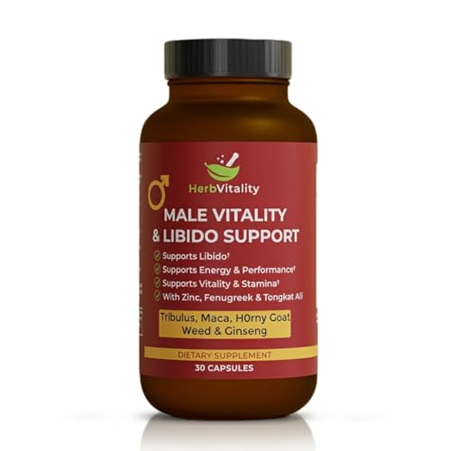 HerbVitality Mens Libido & Vitality Formula Natural Strengh Support with Tribulus Maca Fenugreek Ginseng & Tongkat Ali 30 Capsules (1-Month Supply)