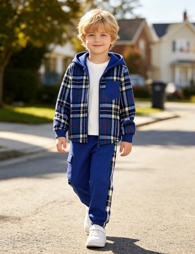 Image of Toddler Boy Clothes Plaid Hooded Shirt White T-shirt Top and Solid Color Pants 3Pcs Winter Boys Clothes