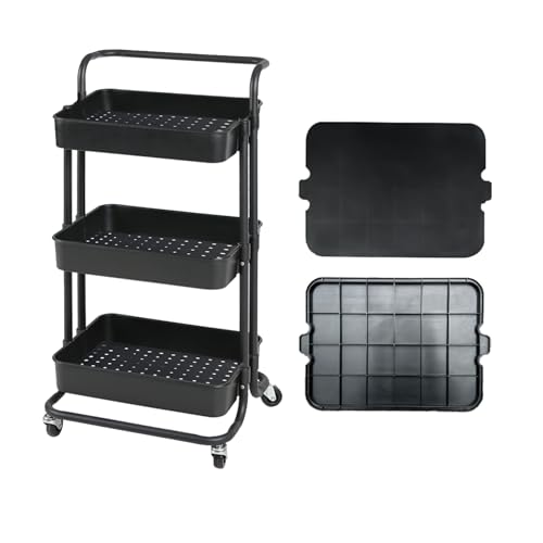 AirZen キッチンワゴン キャスター付き 3段収納ワゴン 大容量 組立簡単 幅42×奥行35×高さ87cm 移動楽々 60kg耐荷重 選べる4色 洗面所 隙間ラック 調味料ワゴン(ブラック-黒天板付き)