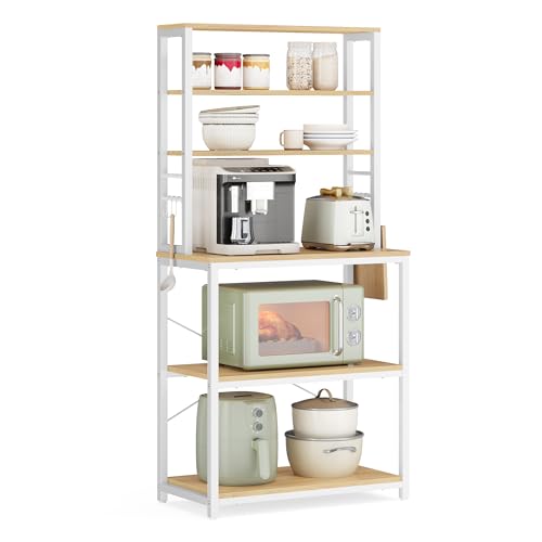 Image of VASAGLE Coffee Bar, 23.6 Inches Baker's Rack for Kitchen with Storage, 6-Tier Kitchen Shelves with 6 Hooks, Microwave Stand, Modern, Golden Oak and Cloud White UKKS024W09