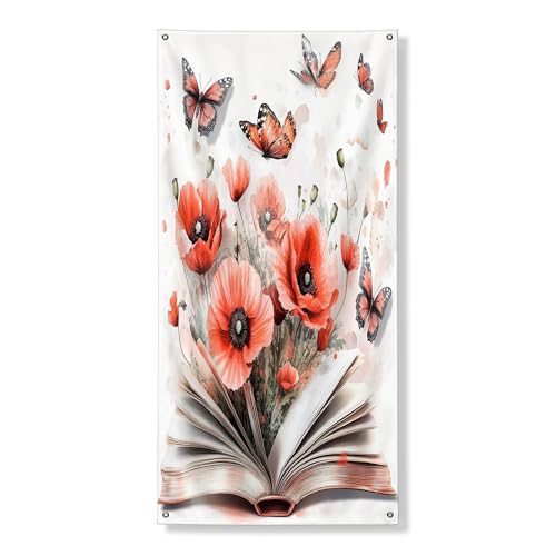 Cartel decorativo para puerta, diseño de amapolas de primavera, libros divertidos, flores, mariposas, decoración de fondo, decoración de fondo, interior y exterior, cartel floral para porche, telón de