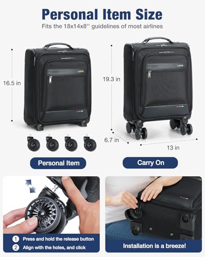 Lekebobor 16 Inch Underseat Carry On Luggage with Wheels, Softside Small Personal Item Suitcase Airline Approved, Under Seat Luggage for Women Men Travel Business, Black3
