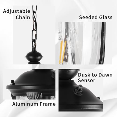 Image of JYZ Vintage Dusk to Dawn Outdoor Hanging Lantern, 17 Inch Rustic Exterior Pendant Light Fixture with Seeded Glass, Antique Black Ceiling Mount Chandelier for Porch, Patio, Gazebo, Entryway JYOPL04-L