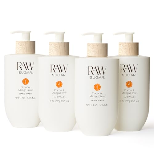 RAW SUGAR Coconut Mango Glow Hand Wash 12 Fl Oz (Pack of 4) Liquid Hand Soap for Kitchen or Bathroom Cleanses & Refreshes Hands Formulated without SLS/SLES & Parabens