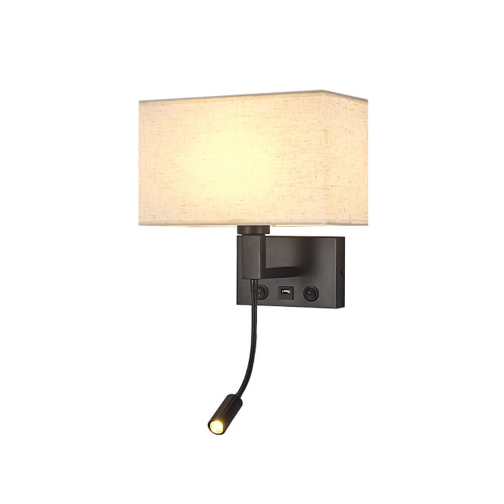 SXECAEPS Fabric Wall Lamp Bedroom Mount Reading Light with Switch Modern Black Metal Hardwired Sconce, USB Charging Flexible Gooseneck Bedside Lighting Fixture