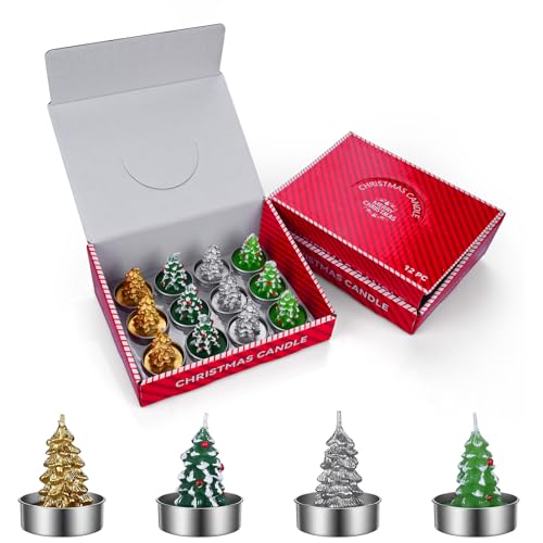 Lot de 12 Bougies Sapin de Noël par MMOBIEL – Bougies Décoratives non Parfumées en Cire de Paraffine in Or, Argent et Vert – Décoration Intérieure De Noël – Idée Cadeau
