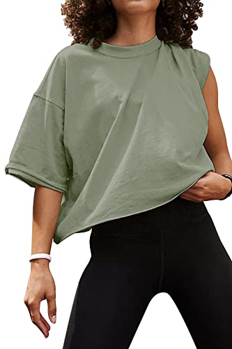 Image of HUGOOME Womens Oversized Workout Crop Top Casual Short Sleeve Boxy Roll Hem | Basic Half Split Sleeve Drop Shoulder Loose Yoga Running Gym Tee Cropped T-shirt Solid Trendy Relaxed Daily Tee