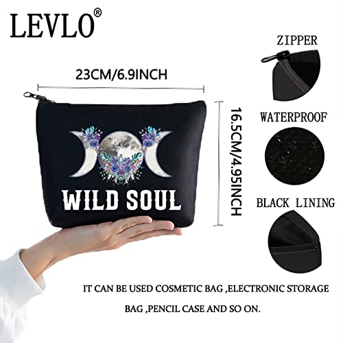 LEVLO Moon Phase Cosmetic Make Up Bag Moon Witch Gift Wild Soul Makeup Zipper Pouch Bag for Women Girls Wild Soul Black, Cosmetic Bag - Image 2