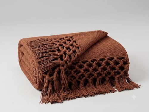 Image of HAKAM Cotton Throw Blanket with Macrame Tassels for 3 Seater Sofa | Ideal for Your Home, Living Room, Sofa, Bed, Chair, Picnic & Used for Gift - 50X70 inch (Rust, Single)