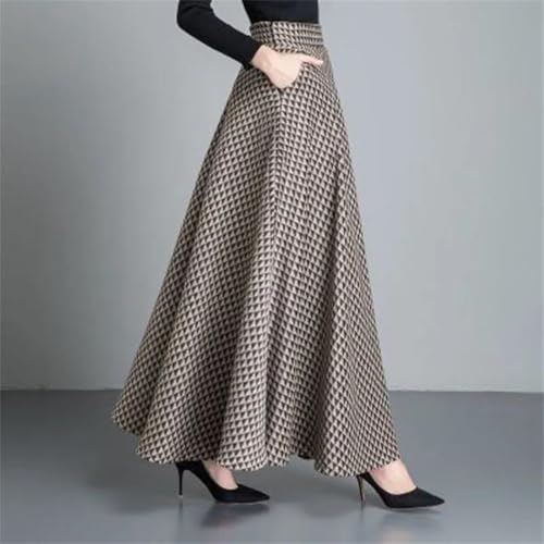 Women's Winter High Waist Pocket Vintage Style Loose Plaid Wool A-Line Maxi Skirt2