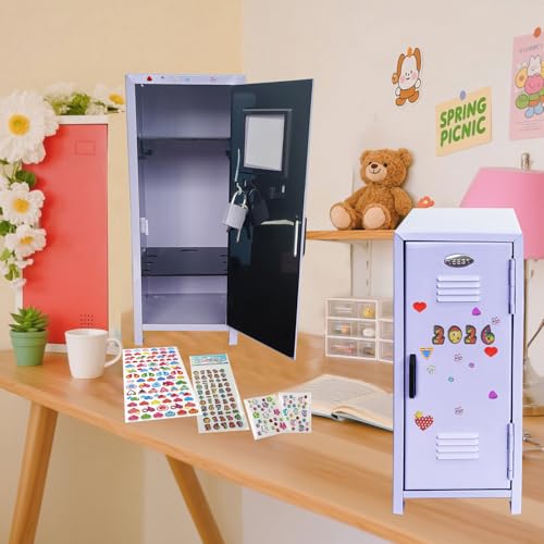 Image of Mini Locker with Lock Key Stickers Box Metal Small Locker Mini Locker Miniature Storage Girls Lockbox Desktop Storage Organizer for Cash Money Jewelry Safe Dollhouse Furniture Accessories (Purple)