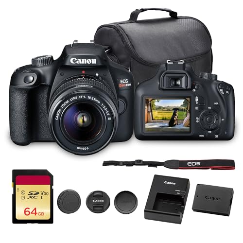 Canon EOS Rebel T100 DSLR Camera with 18-55mm Lens | 18MP APS-C Sensor, Built-in Wi-Fi & Full HD Video | Perfect for Beginners, Travel & Everyday Shooting (2628C029) + Bag + 64GB Memory Card