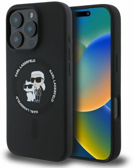 CG Mobile Karl Lagerfeld KLHMP16XSCMKCRHK Phone Case for iPhone 16 Pro Max 6.9 Inch Black Hard Case Silicone Karl & Choupette Heads Ring