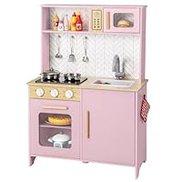 COSTWAY Kids Play Kitchen, Wooden Pretend Toy Kitchen with Lights & Sounds, Oven, Microwave, Sink, Faucet, Utensils, Children's Chef Role Play Set for Boys Girls