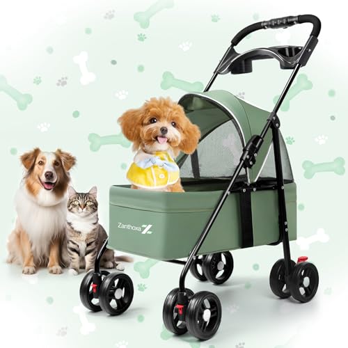 Pet Stroller for Small Dogs and Cats, One-Click Foldable Cat Stroller with 4 Wheels, Compact Portable, Up to 33 Ibs with Sun Shades, Cup Holder and Breathable Mesh,Easy Assembly