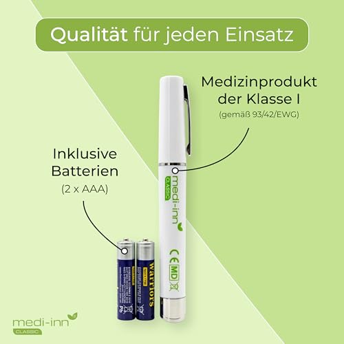 Medi-Inn+ Diagnostikleuchte weiß – medizinische Untersuchungsleuchte mit Clip, Halogen, inkl. 2 x AAA Batterien, für Praxis, Klinik, Visite & Hausbesuch