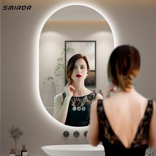 Image of ALFA Design Oval Backlit LED Bathroom Mirror, Pill-Shaped Lighted Vanity Mirror with Lights for Wall, Dimmable, 3 Colors Lighting, Memory Function (Horizontal /Vertical) Oval Backlite 24 x 18 inch