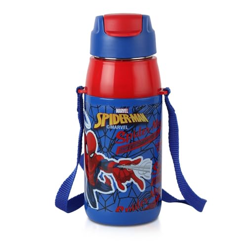 Image of CELLO Puro Steel-X Hydra Kid 400 Inner Steel Insulated Water Bottle 400ml, Blue | Spiderman Print | ISI Certified, Leakproof | Easy to Carry with Loop | Insulated Cold Water Bottle for School, Picnic