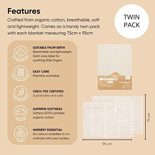 Bloomsbury Mill - Twin Pack - 100% Pure Organic Cotton - Extra Soft Cellular Baby Blankets - Swaddle Blanket - Baby Essentials for Newborn - Cot Bed / Pram / Travel / Moses Basket - Cream