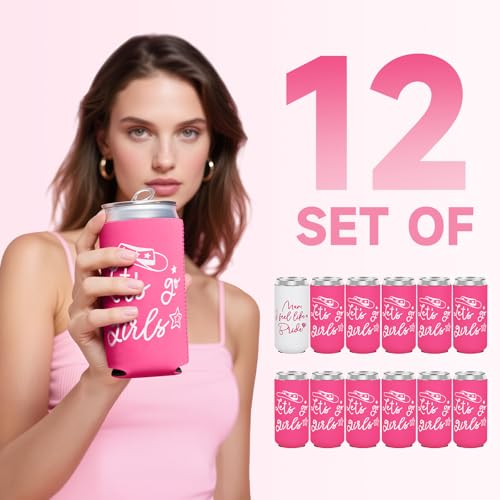 Image of 12 Pack Bachelorette Party Can Cooler Sleeves Bridal Shower Party Supplies Favors Decors, Bride Neoprene Insulated Can Sleeves for Bridesmaid Gifts (2026, 12 Oz Slim, Pink)