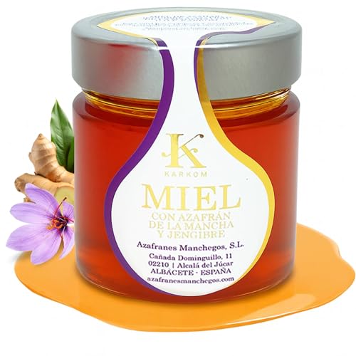 Miel pura de azahar con jengibre ecológico y azafrán de la Mancha, natural de abeja origen España, Miel cruda artesana con jengibre ecológico y azafrán, Premium tarro de 250 g.