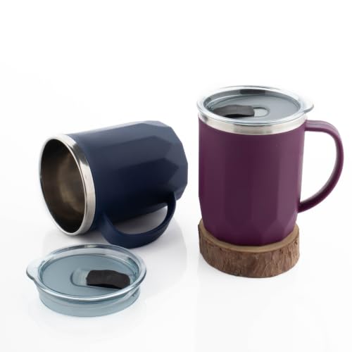 Image of MAGIC SPOON Stainless Steel Travel Coffee Mug with Sipper Lid & Handle, Insulated Tea Cup, BPA-Free Double Wall Tumbler for Hot-Cold Beverages, Office, Home, Car- NAVY-PURPLE, (Combo Pack (400ml X 2))