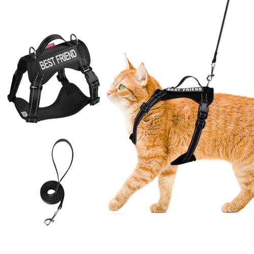 Wanheart Peitoral e coleira tática de gato preto, conjunto de coleira e peitoral de malha macia ajus