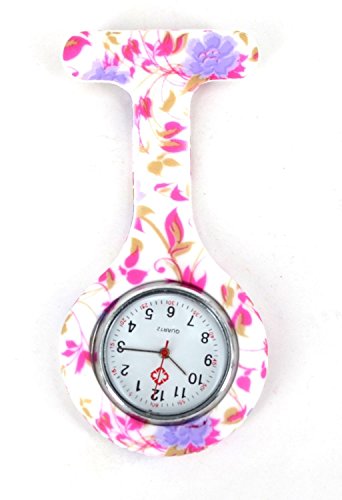 Boolavard® Krankenschwestern-Uhr Silikon Brosche-Stil rund pastellfarben violett Blumen Cover