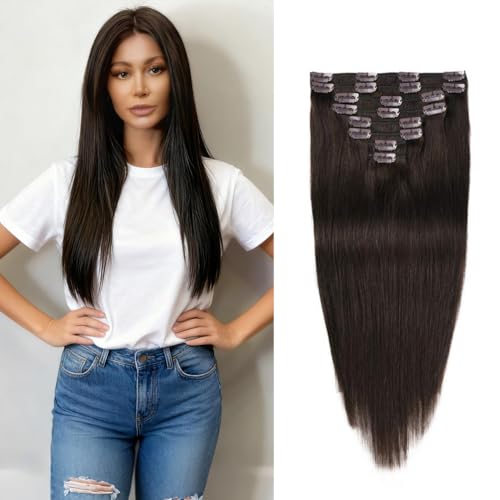 Clip in Extensions 20 Inch 122g Real Human Hair Clips for Women 8 Pieces Remy Hair Extensions Clip Ins Dark Brown