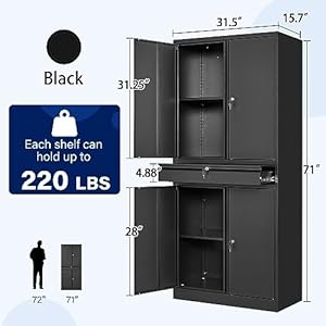 Yizosh Metal Garage Storage Cabinet with Locking Doors and Adjustable Shelves Tool Storage Cabinet with 1 Drawer 71 Steel Locking Cabinet for Garage Warehouse Black