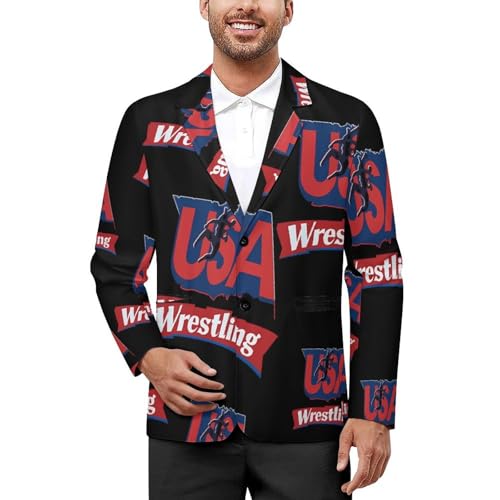 U.S.A and Wresting Casual Men's Blazers Two Button Lapel Suits Jacket Lightweight Sport Coats