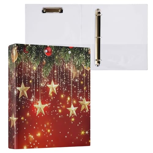 Image of 3 Ring Binder Christmas Stars Christmas Balls 1.5 inch Binders Three Ring Binders with Clipboard Fit 8.5'' x 11'' Paper 3 Interior PVC Clear Pockets for Office Supplies
