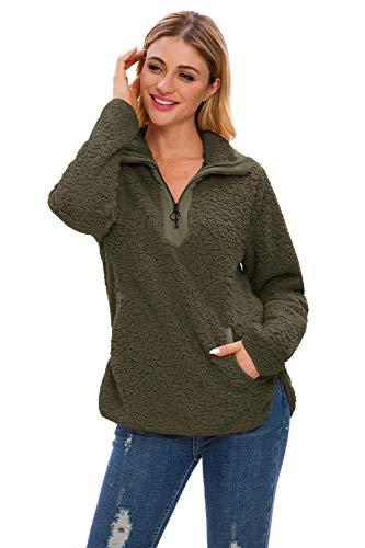 Lilly Posh Womens Fleece Sherpa Fuzzy Zipper Long Sleeve Loose Pullover Green