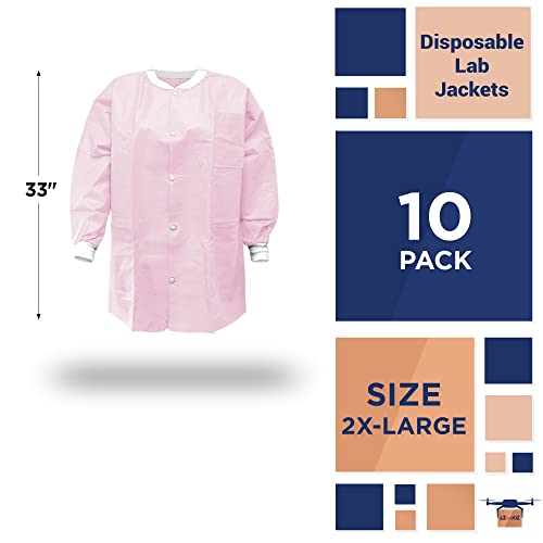 Ezgoodz Disposable Lab Jackets 33" Long. Pack Of 10 Light Pink Hip-Length Work Gowns Xx-Large. Sms 50 Gsm Shirts With Snaps Front, Knit Cuffs, Collar, 3 Pockets. Unisex Ppe Body Protective Short Coats #TOP1