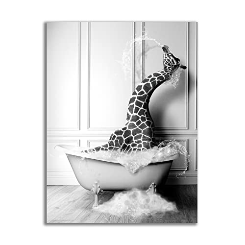 Bathroom Wall Art Decor Happy Giraffe In Bathtub Funny Animal Poster Black White Canvas Wall Art Prints Painting For Bathroom Home Wall Decor, No Framed (Giraffe1,30 * 40Cm/12 * 16Inch) #TOP23