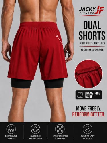 Image of Men's 2-in-1 Dual Layer Workout Shorts with Compression Liner, Phone Pocket, Quick-Dry Athletic Running Shorts for Gym, Training, Sports & Fitness