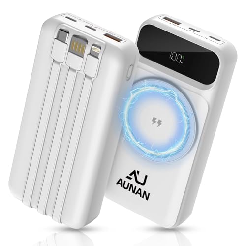 AUNAN Magnetic Power Bank 20000mAh, Portable Charger 22.5W Fast Charging, Wireless Charger with 4 Built-in Cables, LCD Display, for iPhone 16 Pro Max/15/14 Pro Max, Android, Tablets & More, White
