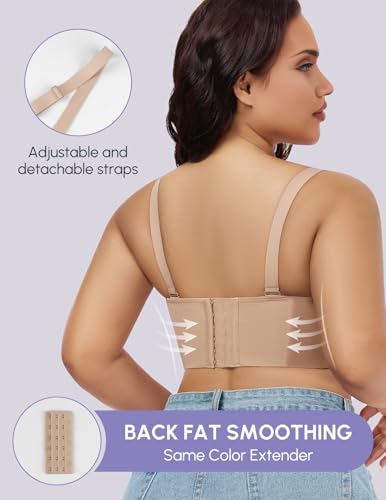 Image of FallSweet Longline Strapless Bra for Large Bust C-DD, Anti-Slip Back Smoothing Convertible Lace Corset for Wedding Party
